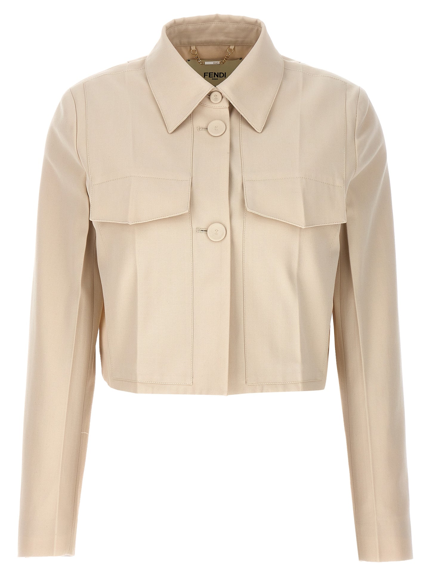 Overcoat by Fendi for women in wool cotton beige features an voluminous silhouette, showcasing distinct pockets and a voluminous for a truly voluminous aesthetic.