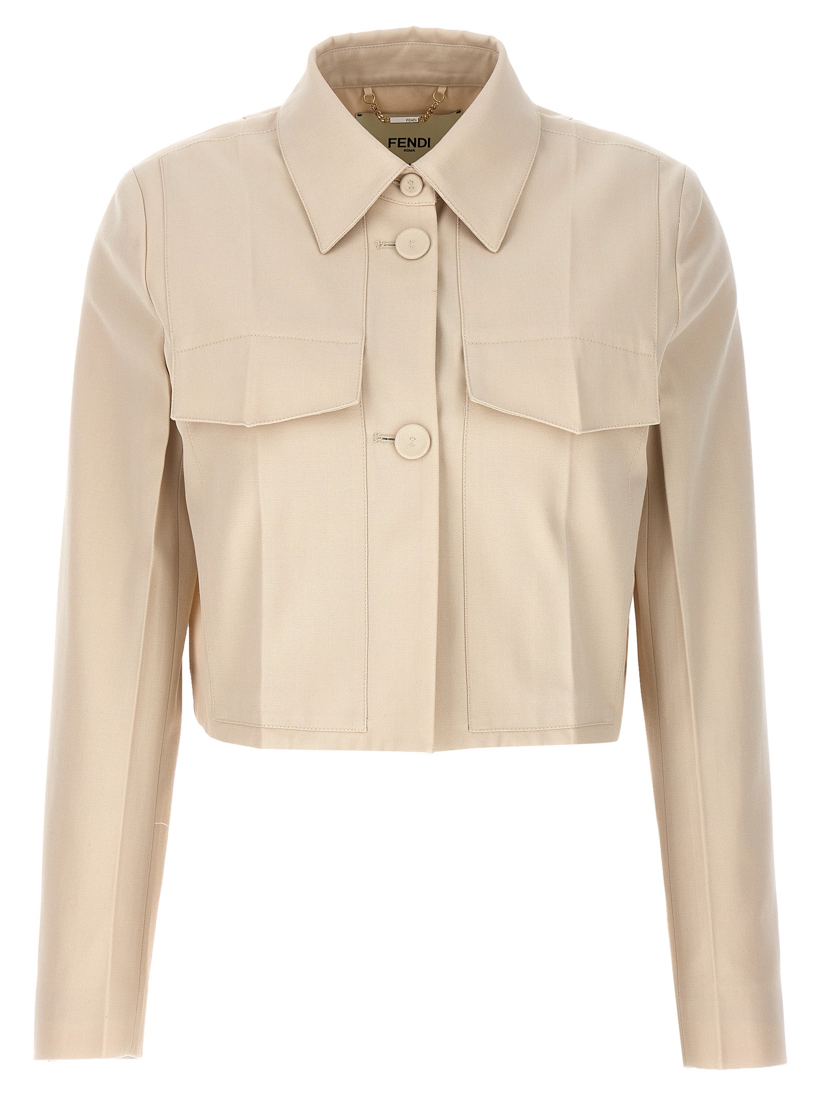 Overcoat by Fendi for women in wool cotton beige features an voluminous silhouette, showcasing distinct pockets and a voluminous for a truly voluminous aesthetic.