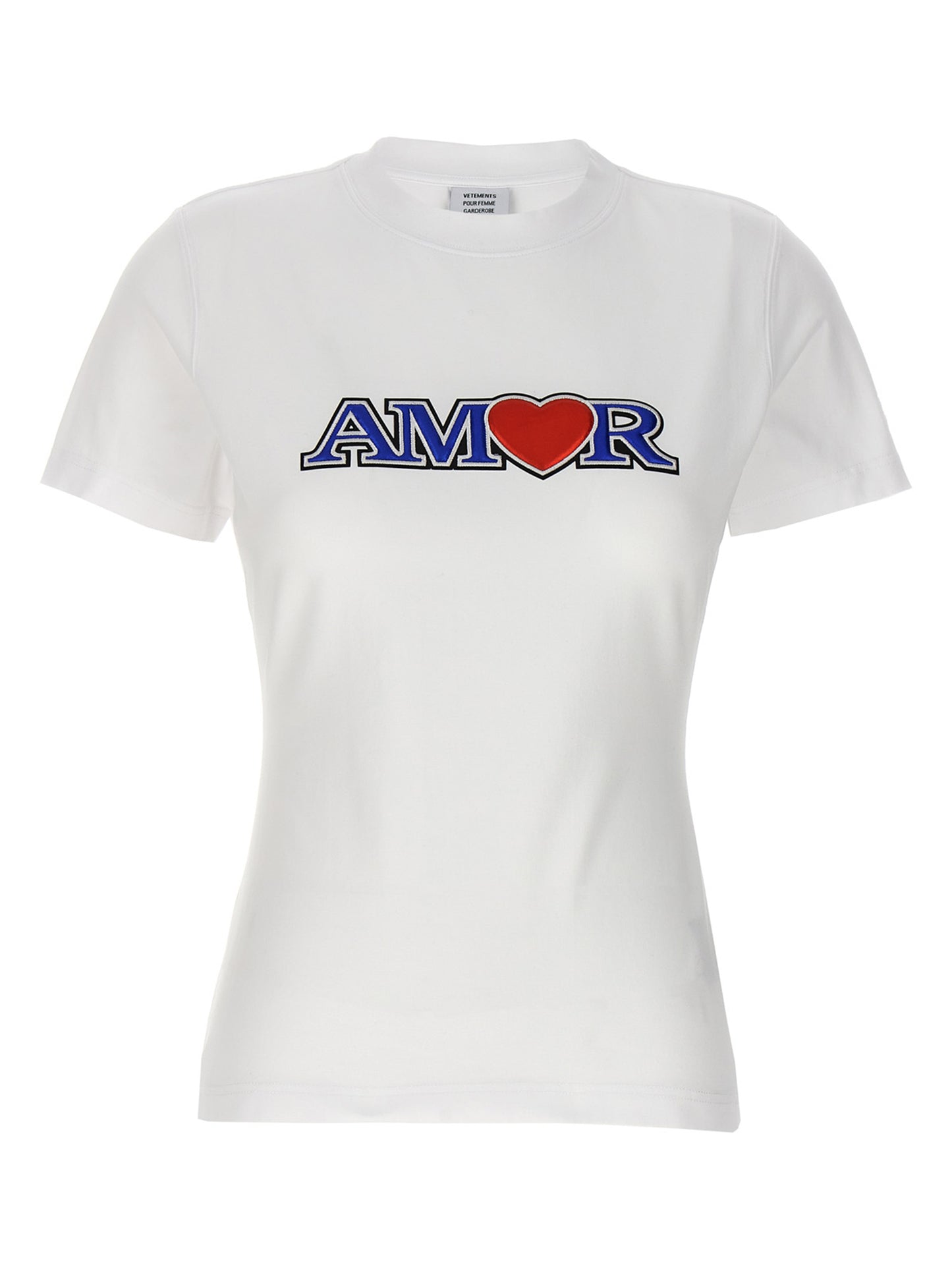 T-Shirt by Vetements for women in stretch cotton white showcases a chic silhouette, artfully detailed with a chic crew neckline and short-sleeve for a chic finish.