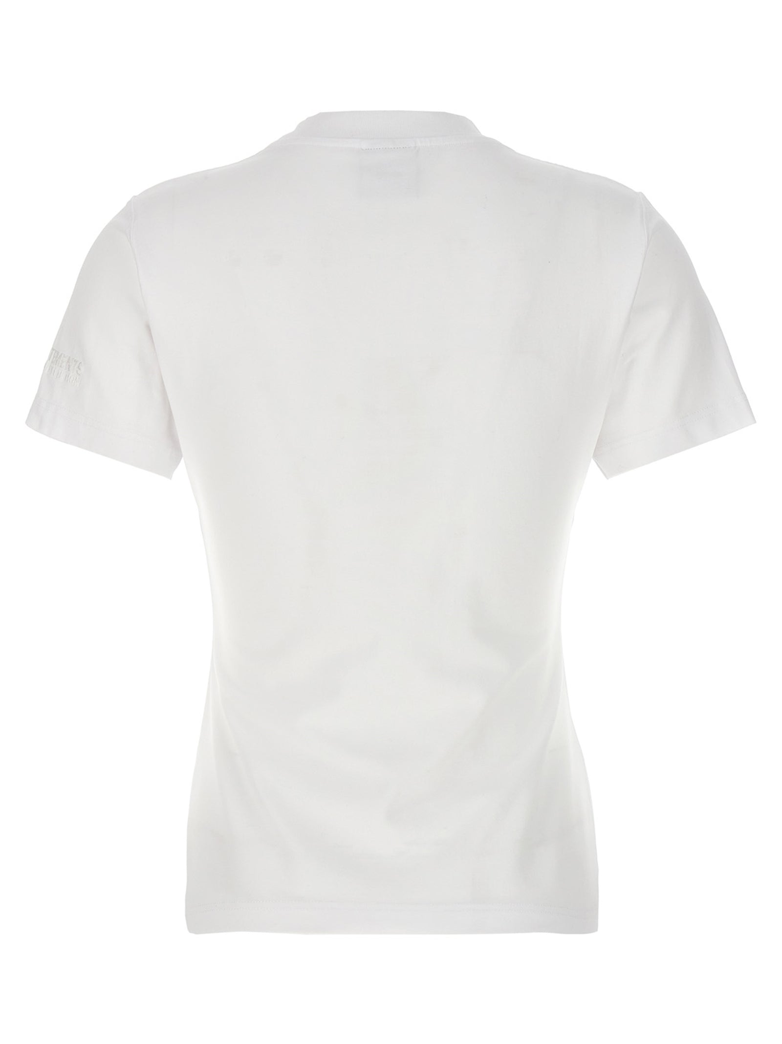 T-Shirt by Vetements for women in stretch cotton white showcases a dramatic silhouette, elegantly detailed with a dramatic crew neckline and for a truly dramatic finish.