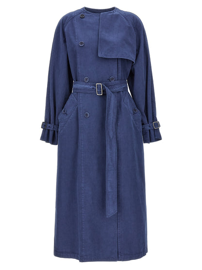 Trench Coat by Max Mara for women in cotton blue presents a utilitarian silhouette, showcasing a utilitarian and sophisticated pockets for a truly utilitarian look.