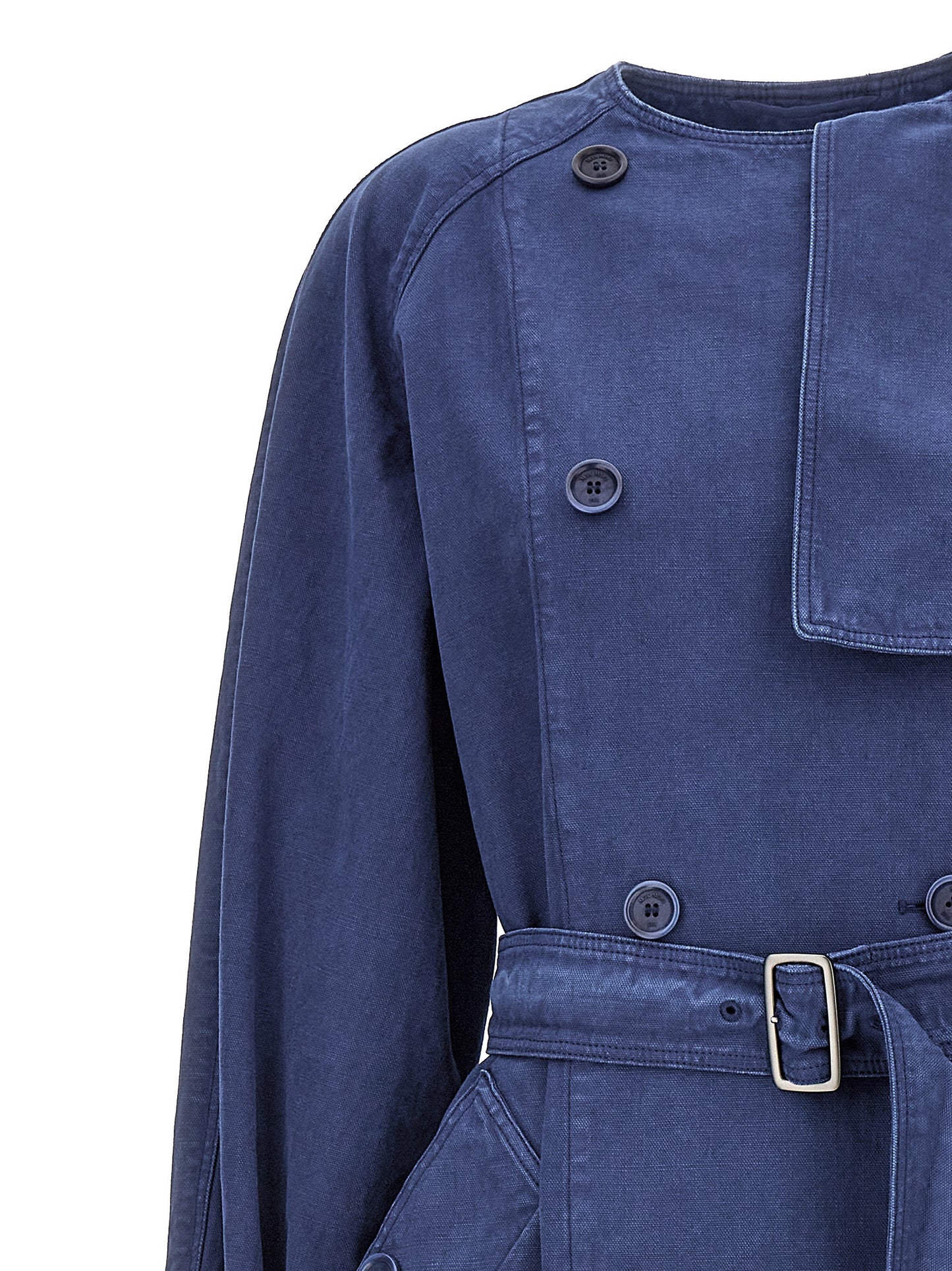 Trench Coat by Max Mara for women in cotton blue presents an sculptural silhouette, artfully detailed with a sculptural and functional pockets for a truly sculptural finish.