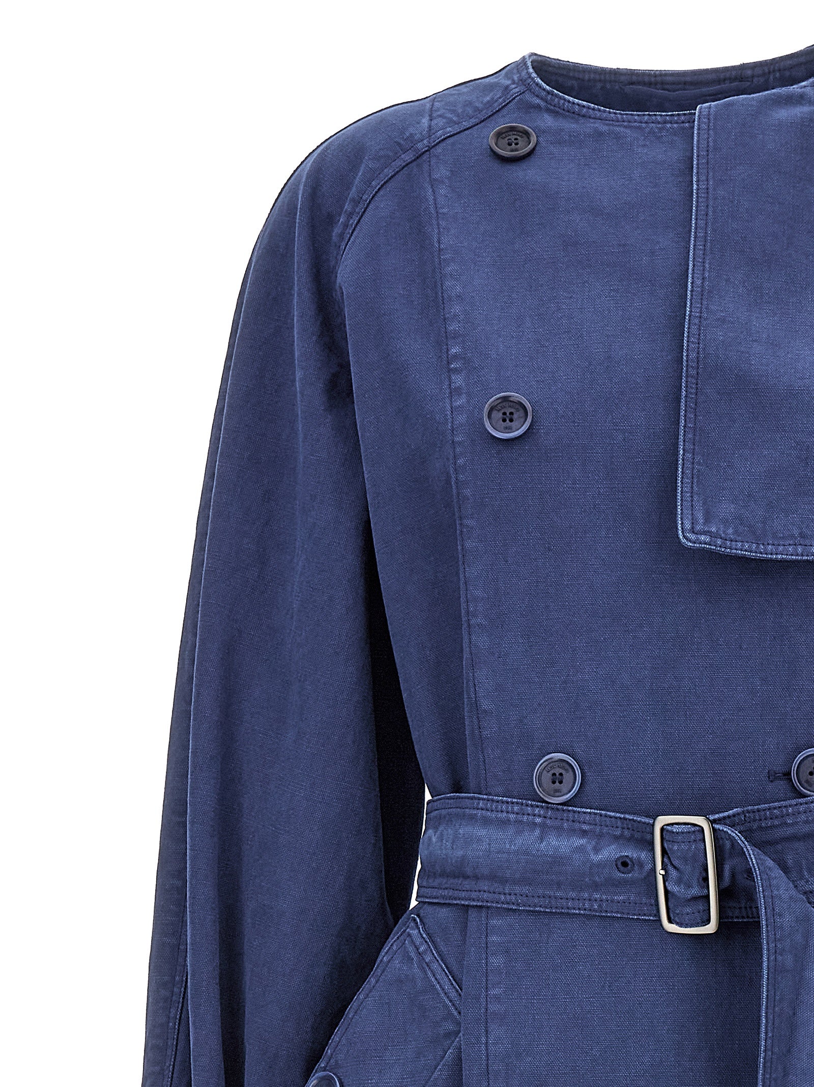 Trench Coat by Max Mara for women in cotton blue presents an sculptural silhouette, artfully detailed with a sculptural and functional pockets for a truly sculptural finish.