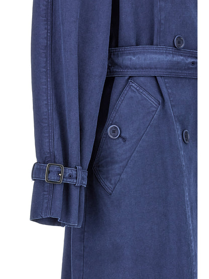 Trench Coat by Max Mara for women in cotton blue features an dramatic silhouette, perfectly showcasing the elegant and sophisticated pockets for a truly dramatic aesthetic.