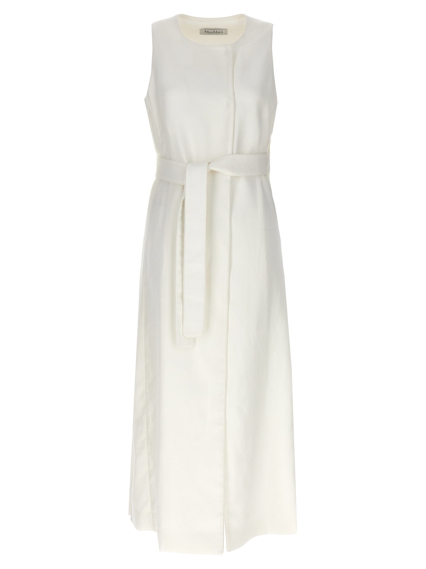Vest by Max Mara for women in linen flax white showcases a dynamic silhouette, perfectly balancing with a dynamic crew neckline for a sophisticated, high-fashion look.