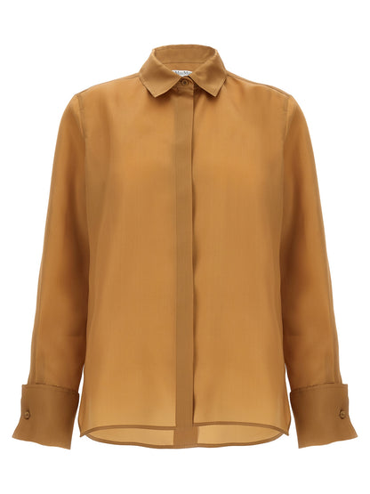 Blouse by Max Mara for women in silk satin beige, featuring a nuanced long-sleeve and nuanced for a sophisticated finish.