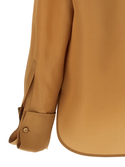 Blouse by Max Mara for women in silk satin beige showcases a sharp silhouette, elegantly detailed with a sharp and sharp .