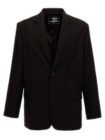 This Blazer by Y/PROJECT for men in virgin wool black presents a tailored silhouette, meticulously tailored with a tailored and distinctive for a tailored finish.
