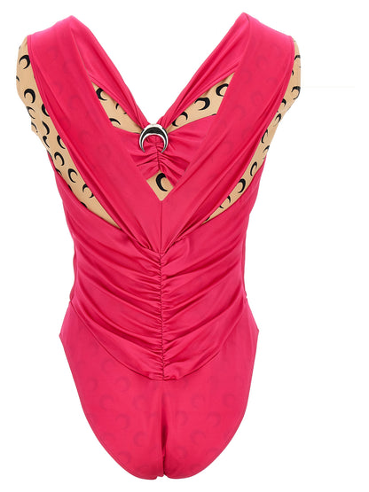 Bodysuit by Marine Serre for women in stretch viscose fuchsia, print & patchwork showcases a flawless silhouette, elegantly defined by a refined v-neck neckline and for a flawless and polished finish.