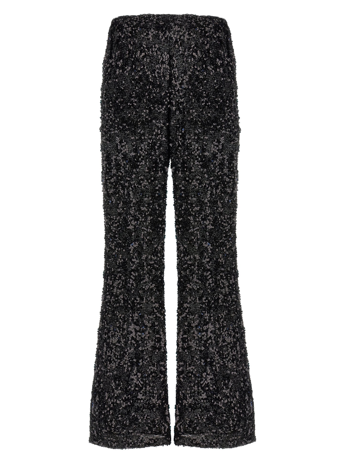 Trousers by LE TWINS for women in polyester & lurex black presents a perennial silhouette, meticulously tailored with a flared cut, long finish, and an elegant .