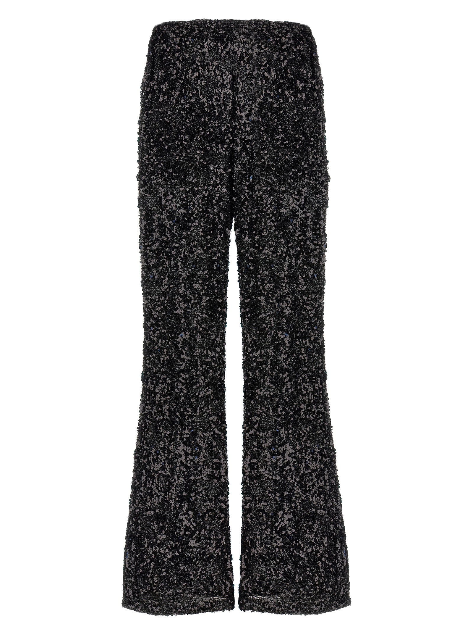 Trousers by LE TWINS for women in polyester & lurex black presents a perennial silhouette, meticulously tailored with a flared cut, long finish, and an elegant .
