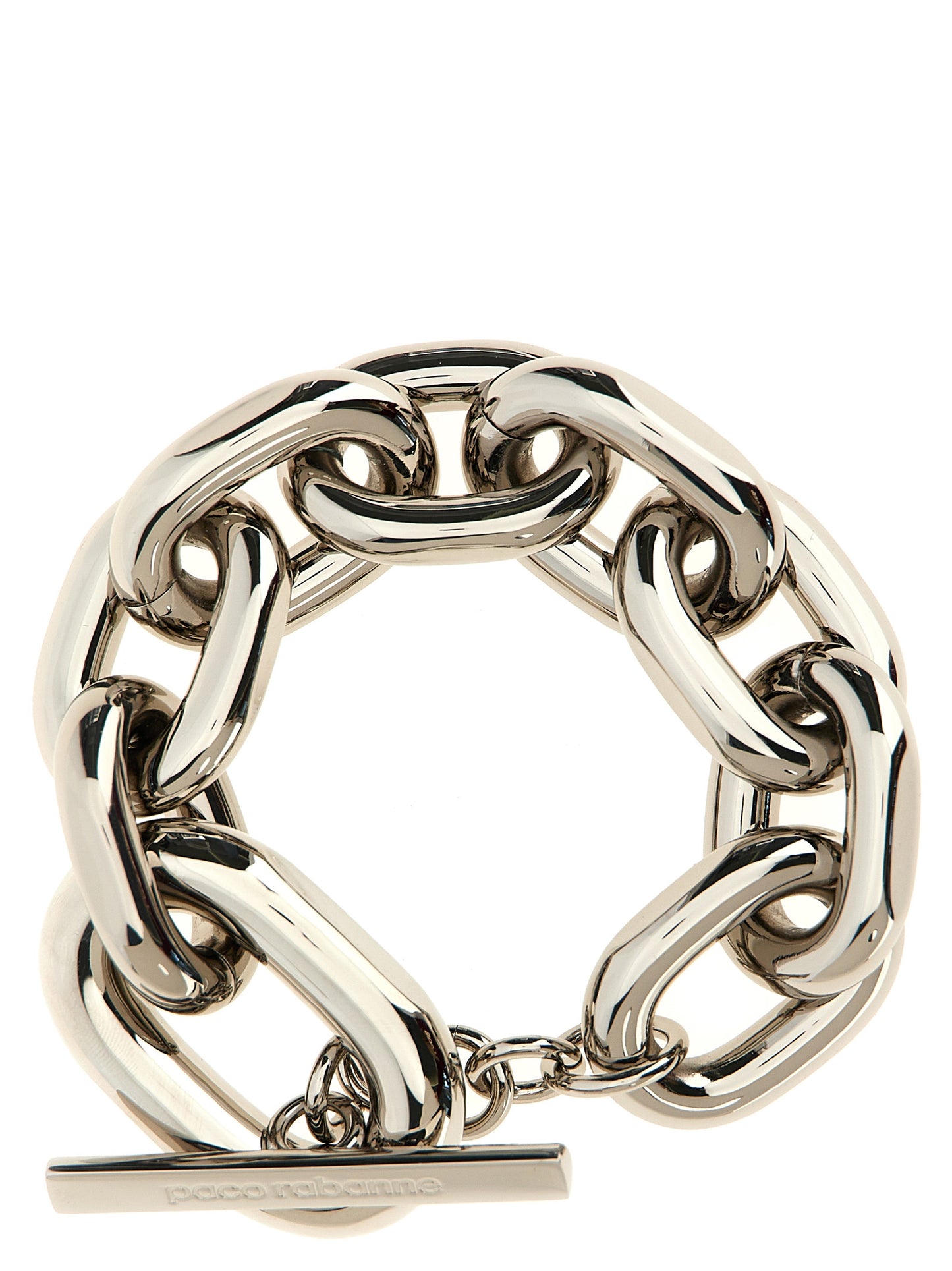 Bracelet by Paco Rabanne for women in polyester faux leather silver showcases a luminous link bracelet design, artfully capturing the essence of the luminous Heart Women's Link Silver Bracelet collection.