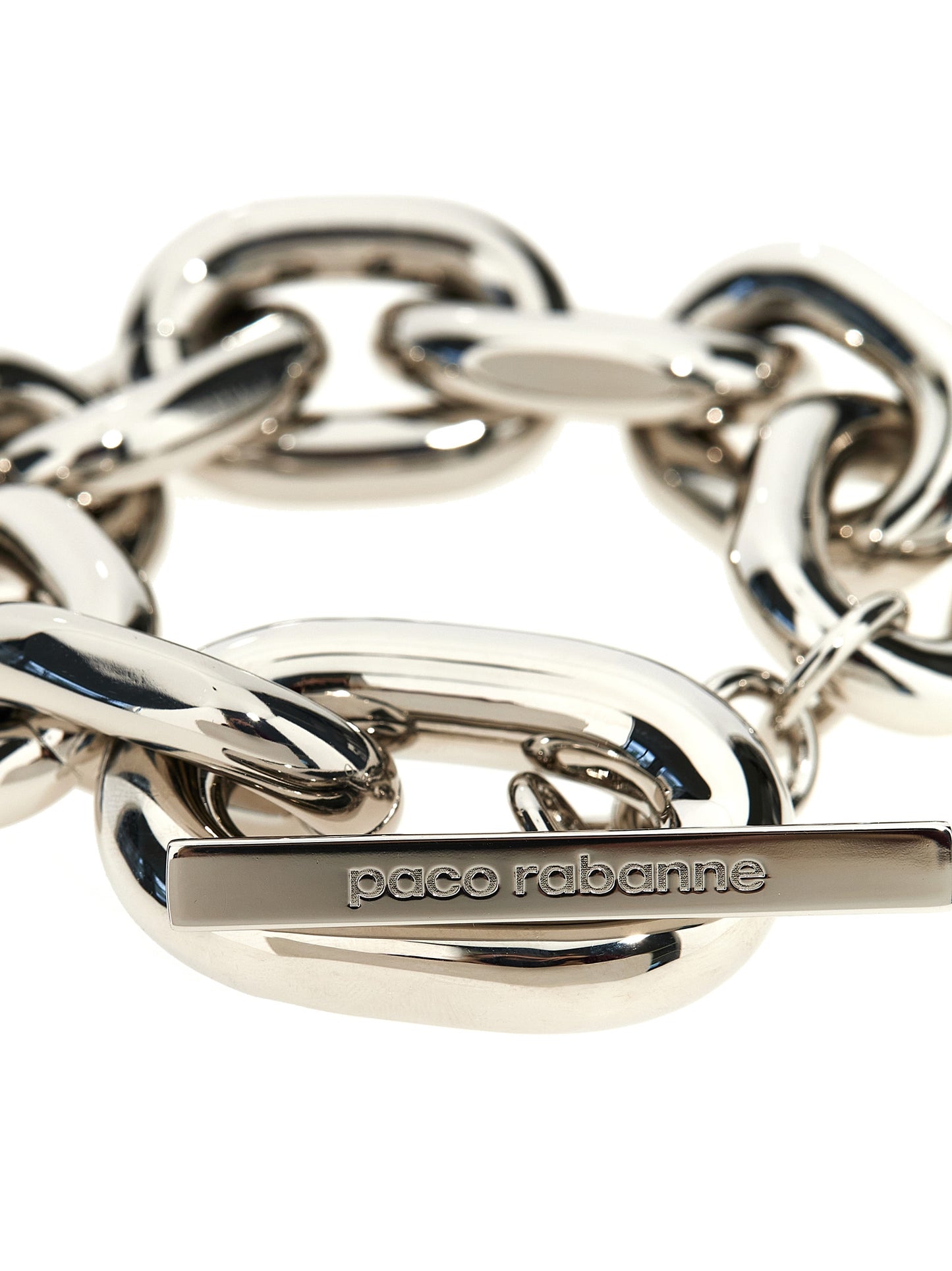 Bracelet by Paco Rabanne for women in polyester faux leather silver features an svelte silhouette, showcasing the svelte link bracelet design of the Heart Women's Link Silver Bracelet for a sophisticated, svelte look.