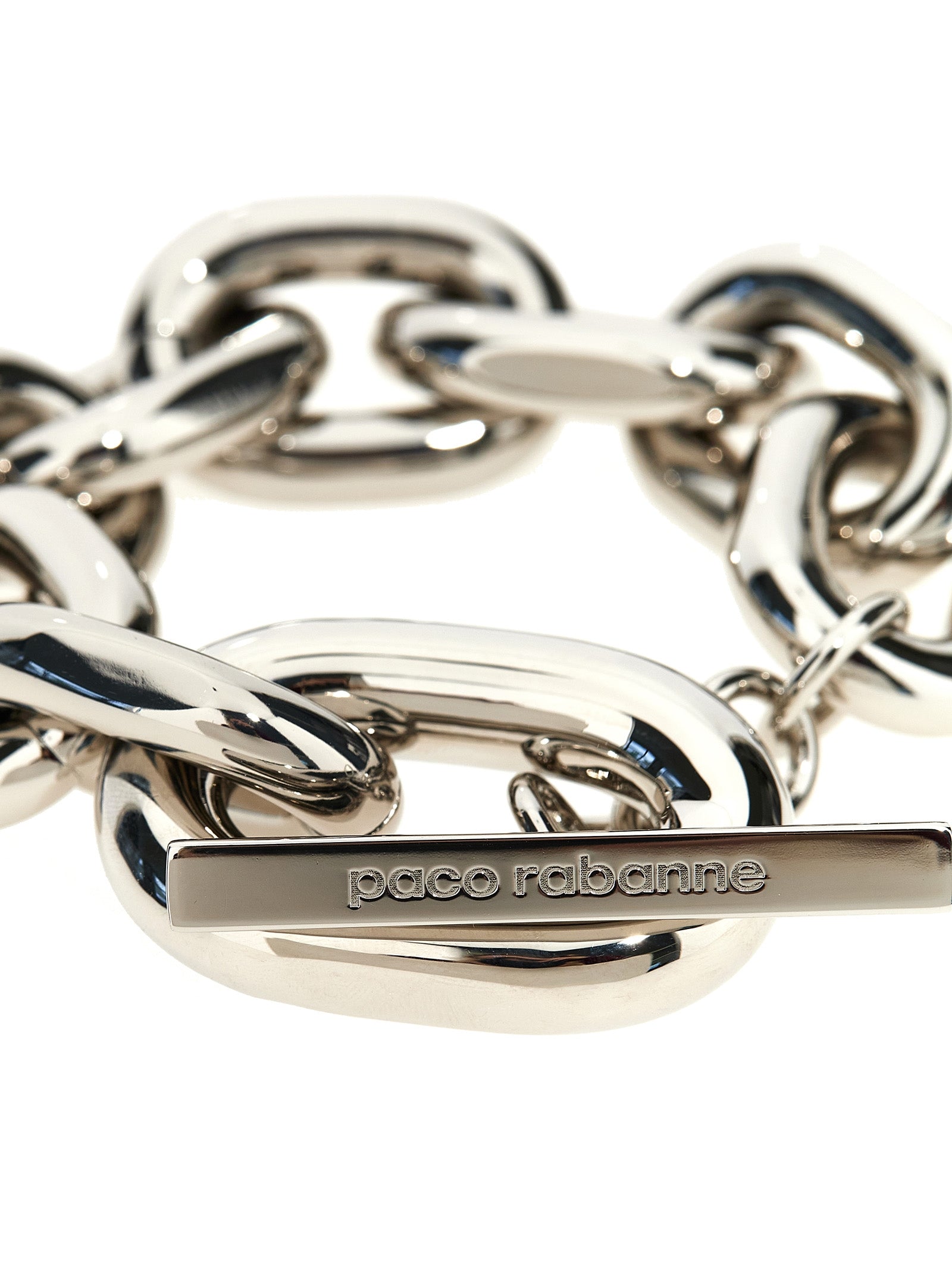 Bracelet by Paco Rabanne for women in polyester faux leather silver features an svelte silhouette, showcasing the svelte link bracelet design of the Heart Women's Link Silver Bracelet for a sophisticated, svelte look.