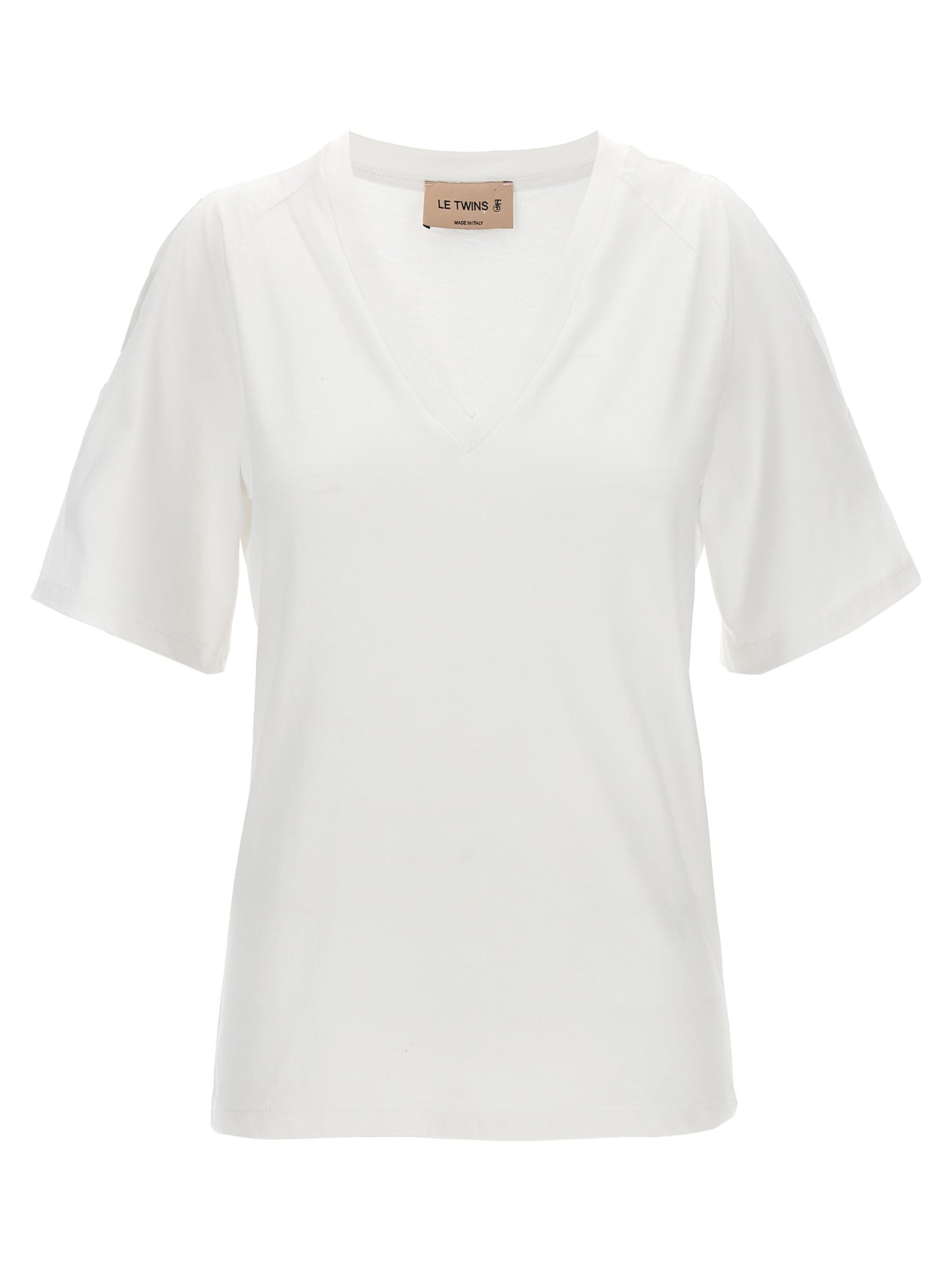 T-Shirt by LE TWINS for women in cotton white showcases a unassuming silhouette, artfully detailed with a refined v-neck neckline and unassuming short-sleeve for a sophisticated, contemporary look.