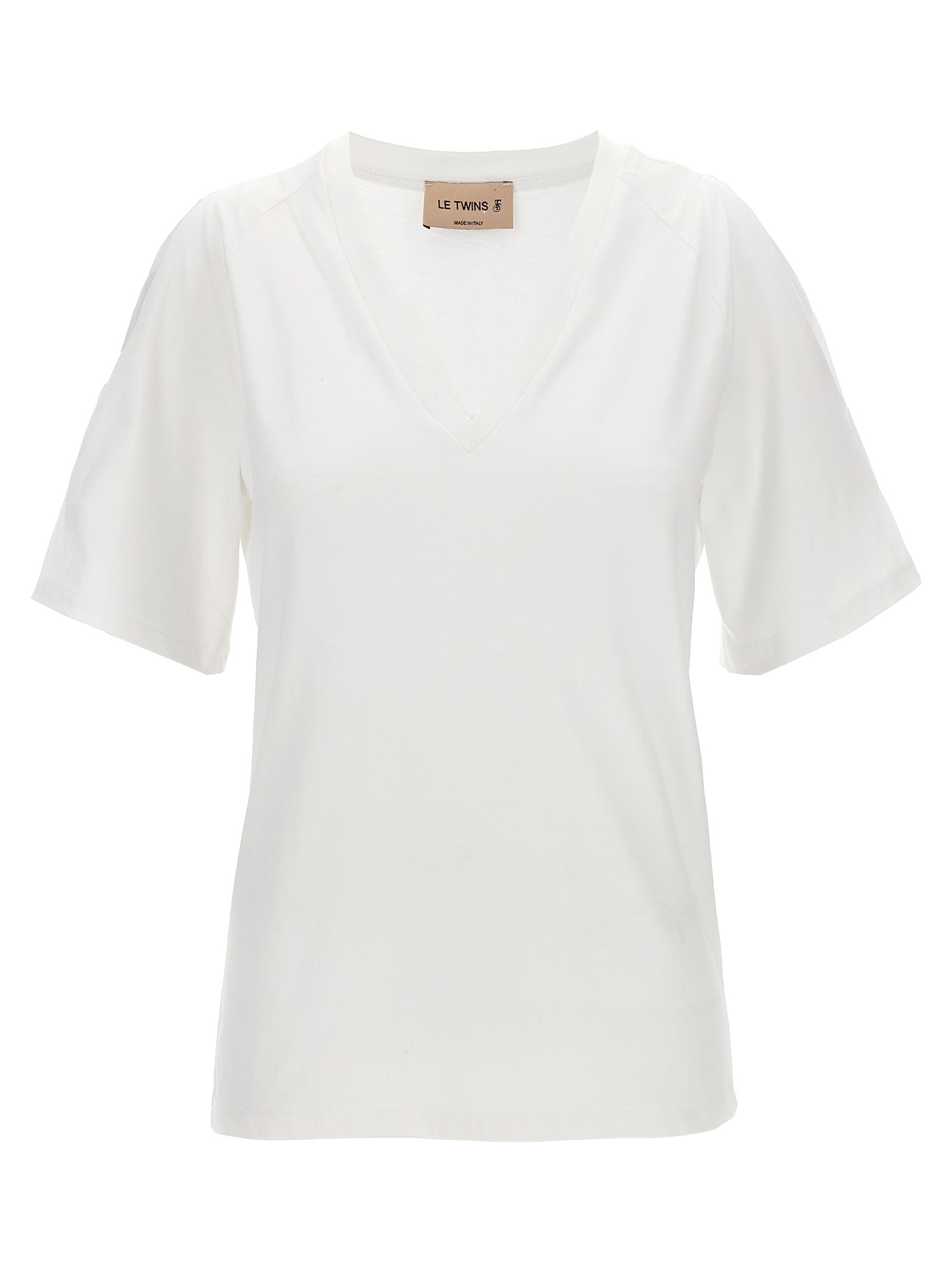 T-Shirt by LE TWINS for women in cotton white showcases a unassuming silhouette, artfully detailed with a refined v-neck neckline and unassuming short-sleeve for a sophisticated, contemporary look.