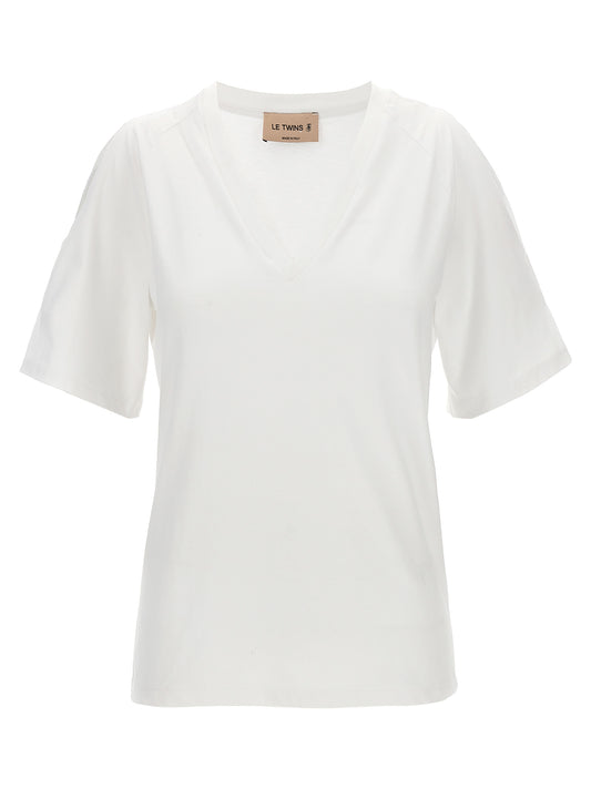 T-Shirt by LE TWINS for women in cotton white showcases a unassuming silhouette, artfully detailed with a refined v-neck neckline and unassuming short-sleeve for a sophisticated, contemporary look.