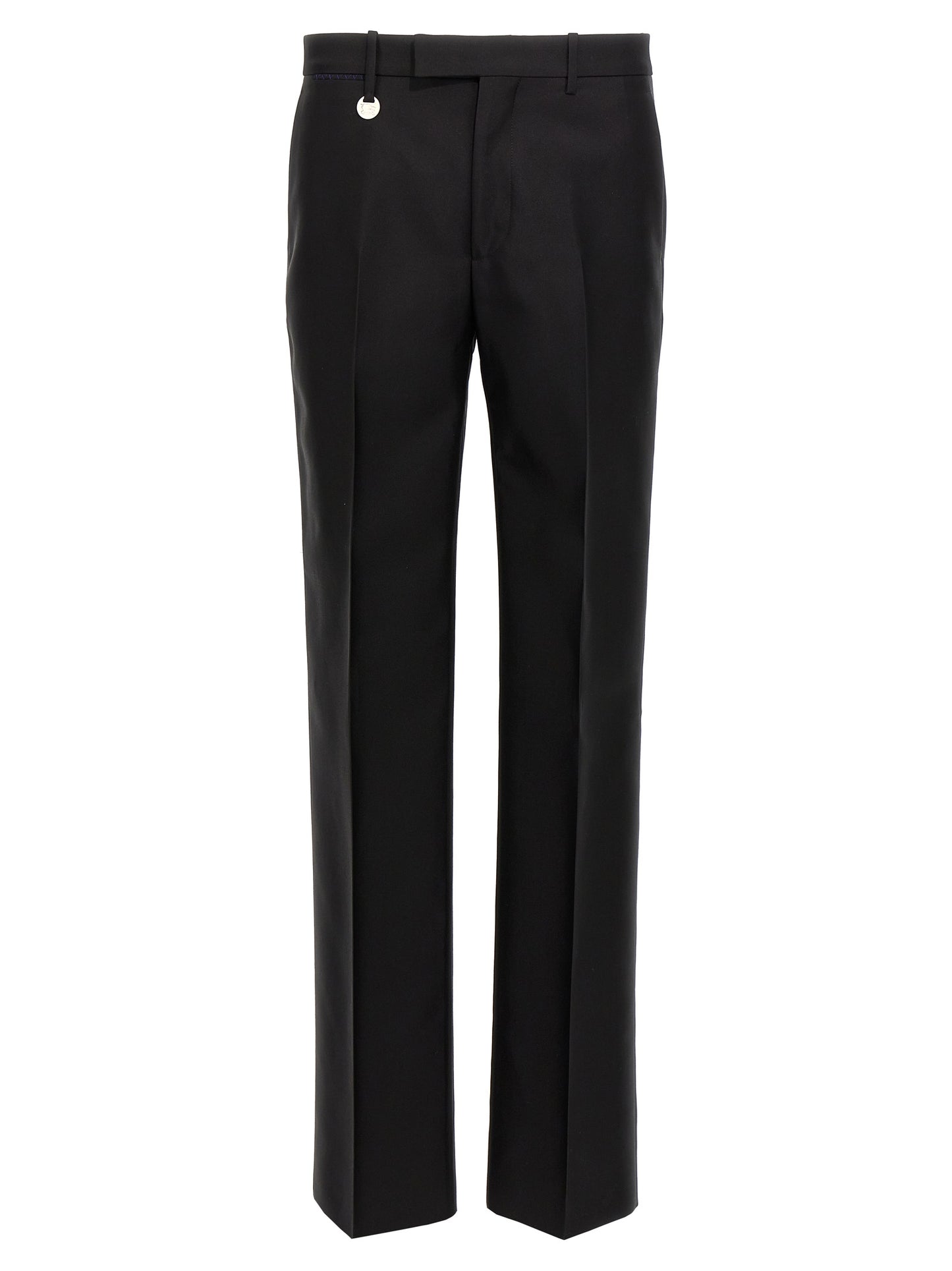 Trousers by Burberry for men in virgin wool & silk black presents a smart silhouette, meticulously detailed with a smart , a smart long, and a smart .