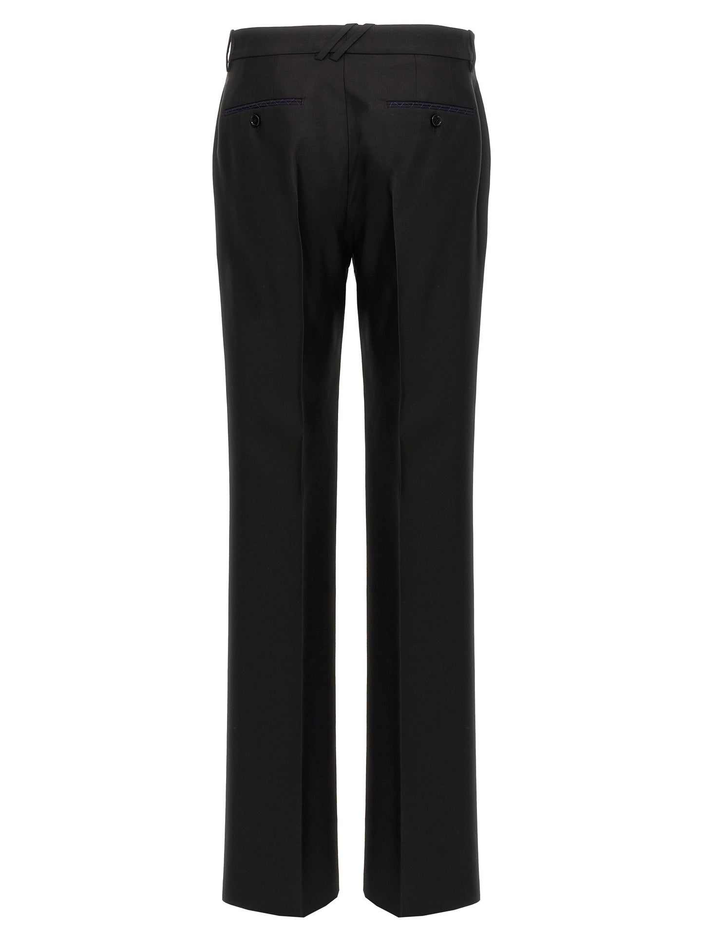Trousers by Burberry for men in virgin wool & silk black features an sartorial silhouette, showcasing a precise and long with a sartorial for a refined look.