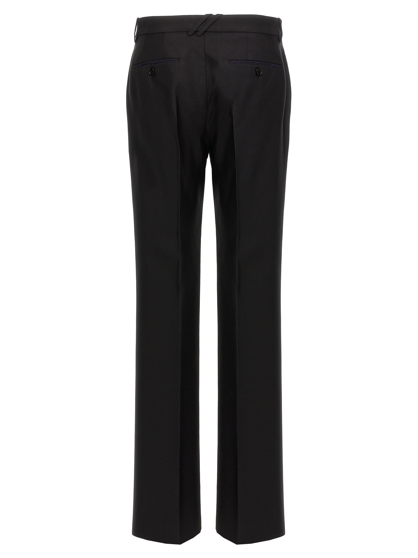 Trousers by Burberry for men in virgin wool & silk black features an sartorial silhouette, showcasing a precise and long with a sartorial for a refined look.