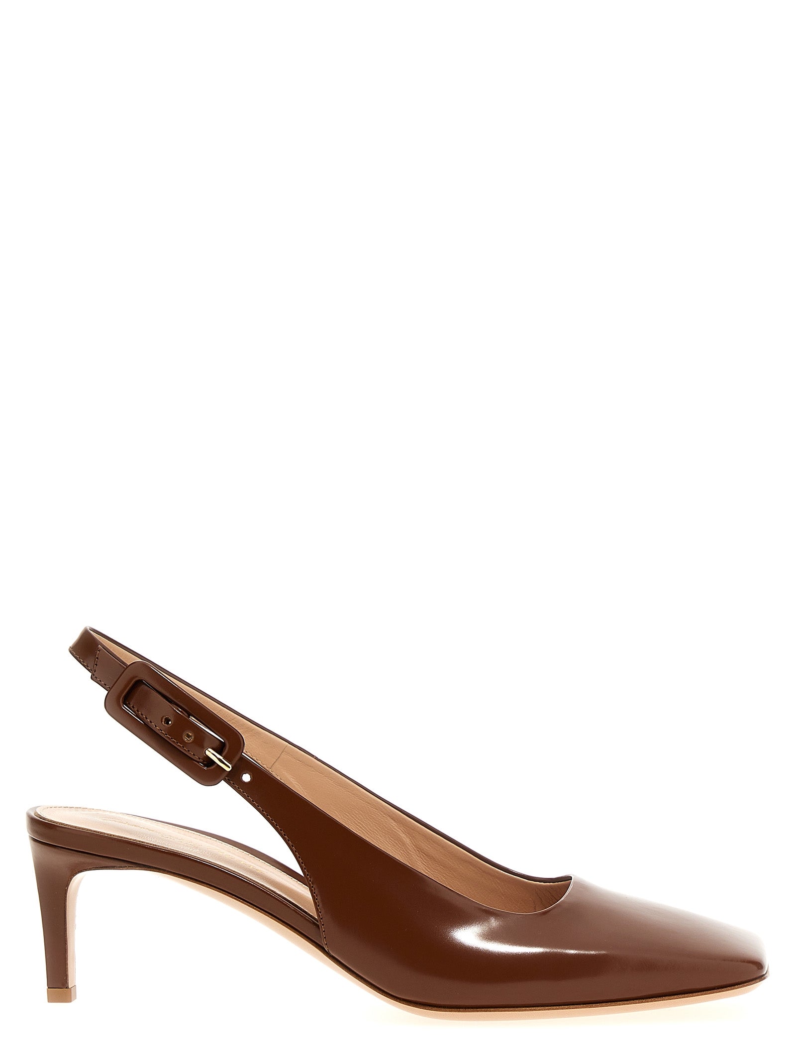 Mid-Heel Slingback Pumps Heels by Gianvito Rossi for women in goatskin leather brown features an captivating silhouette, showcasing the elegant Women's Goatskin Leather Mid-Heel Slingback Pumps Heels design with a mid-heel and a sophisticated square toe style.