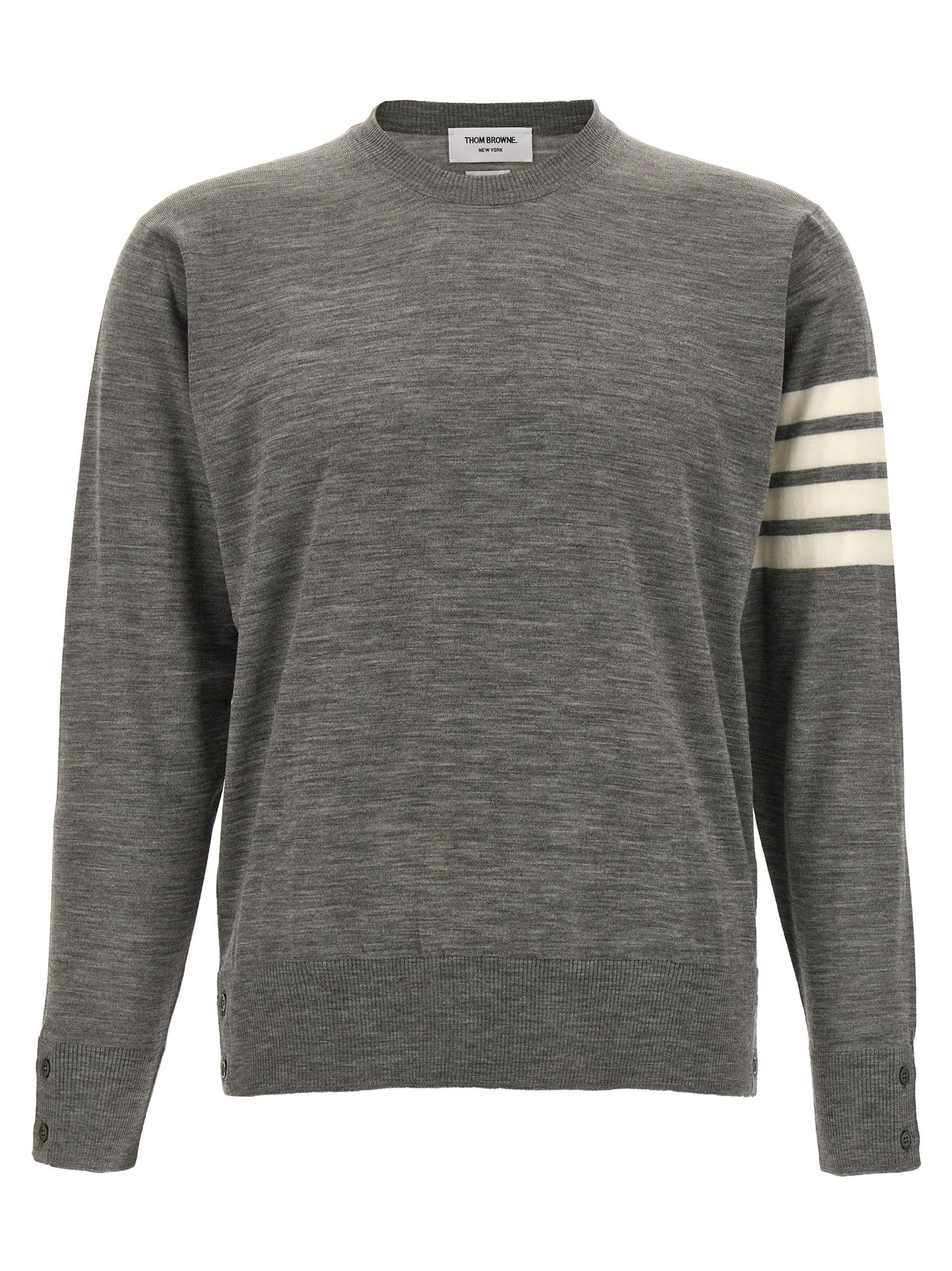 Cardigan by Thom Browne for men in virgin wool gray features an impeccable silhouette, showcasing a sophisticated crew neckline and detail for a truly impeccable finish.