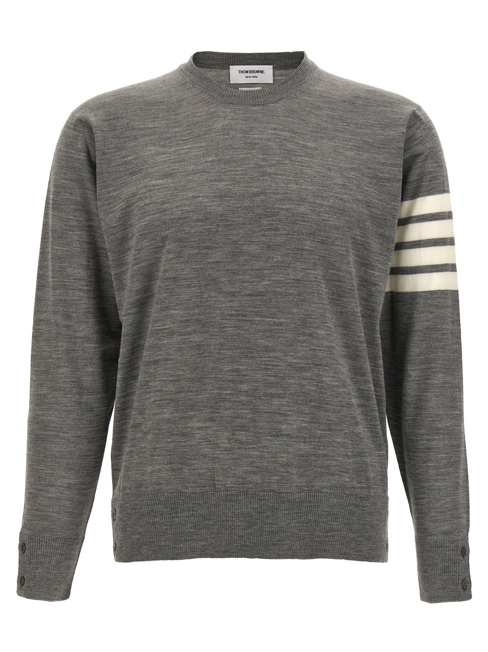 Cardigan by Thom Browne for men in virgin wool gray features an impeccable silhouette, showcasing a sophisticated crew neckline and detail for a truly impeccable finish.