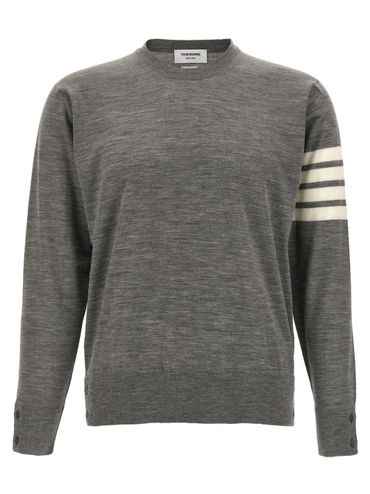 Cardigan by Thom Browne for men in virgin wool gray features an impeccable silhouette, showcasing a sophisticated crew neckline and detail for a truly impeccable finish.