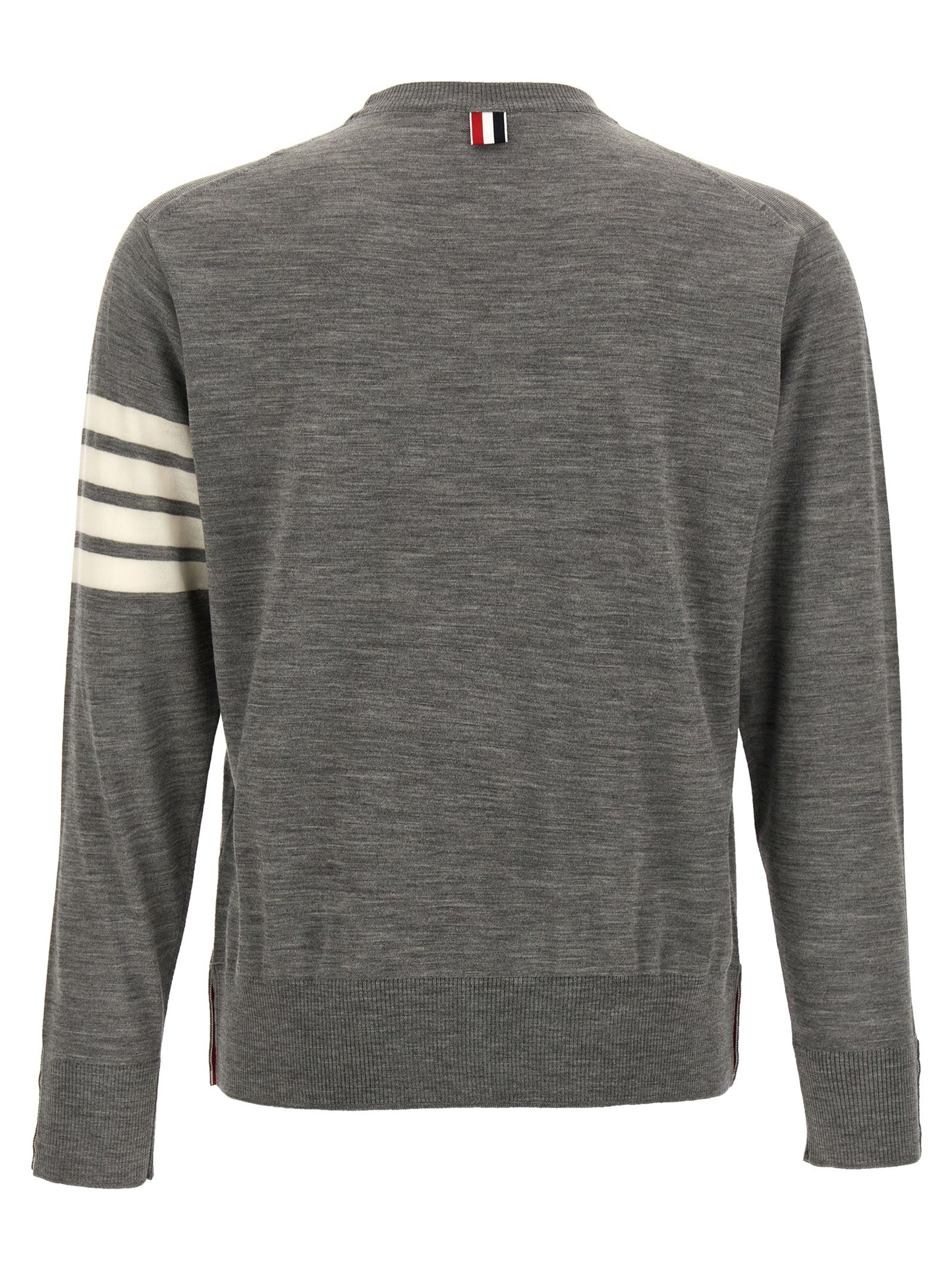 Cardigan by Thom Browne for men in virgin wool gray showcases a captivating silhouette, artfully detailed with a captivating and crew neckline for a truly sophisticated captivating look.
