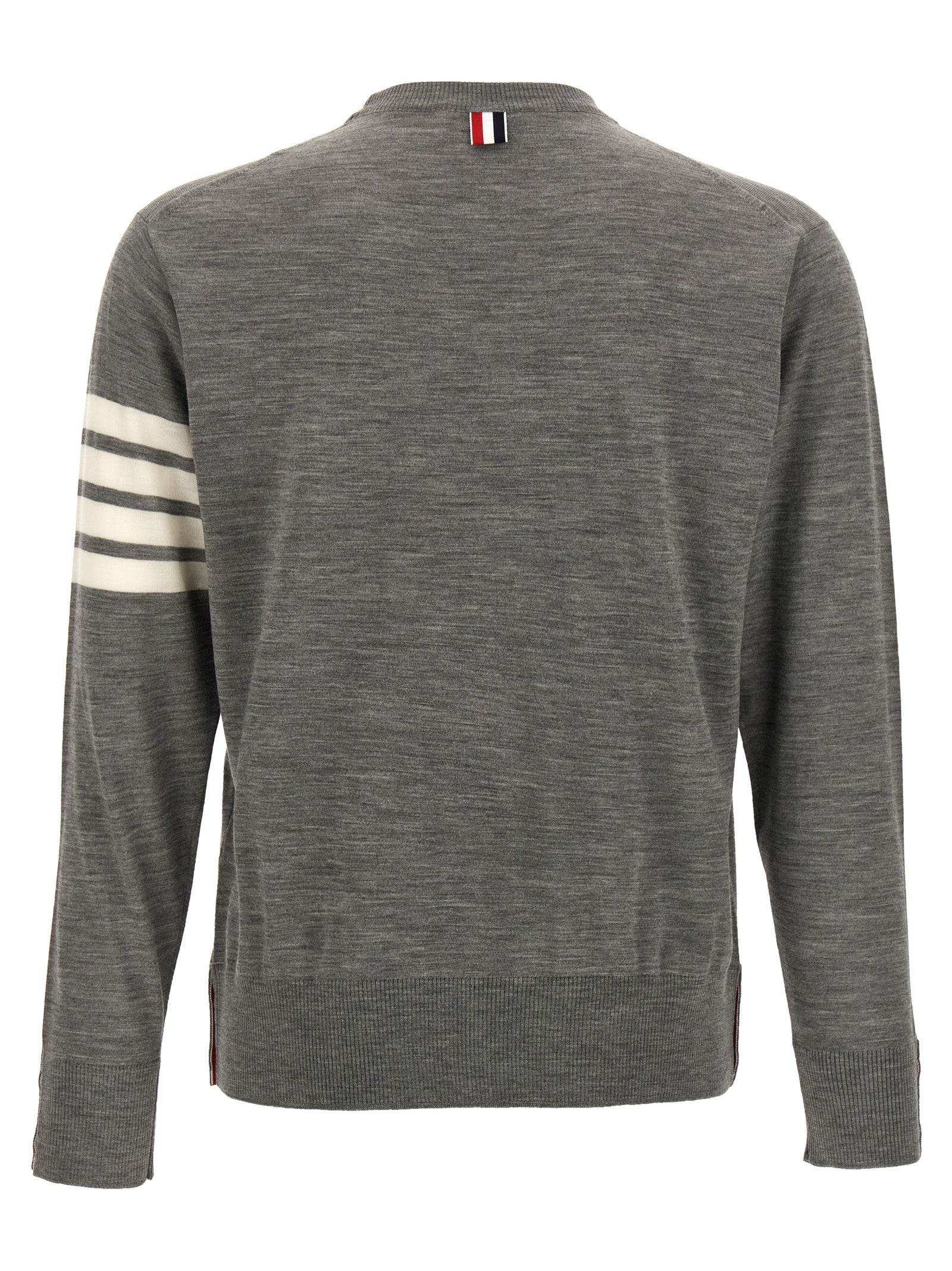 Cardigan by Thom Browne for men in virgin wool gray showcases a captivating silhouette, artfully detailed with a captivating and crew neckline for a truly sophisticated captivating look.