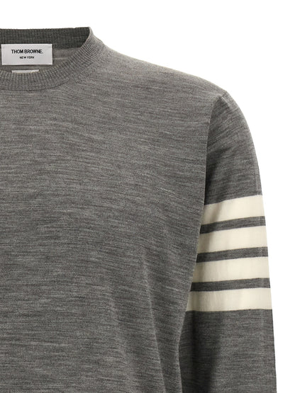 Cardigan by Thom Browne for men in virgin wool gray features a nuanced silhouette with a refined crew neckline and nuanced detailing for a sophisticated look.