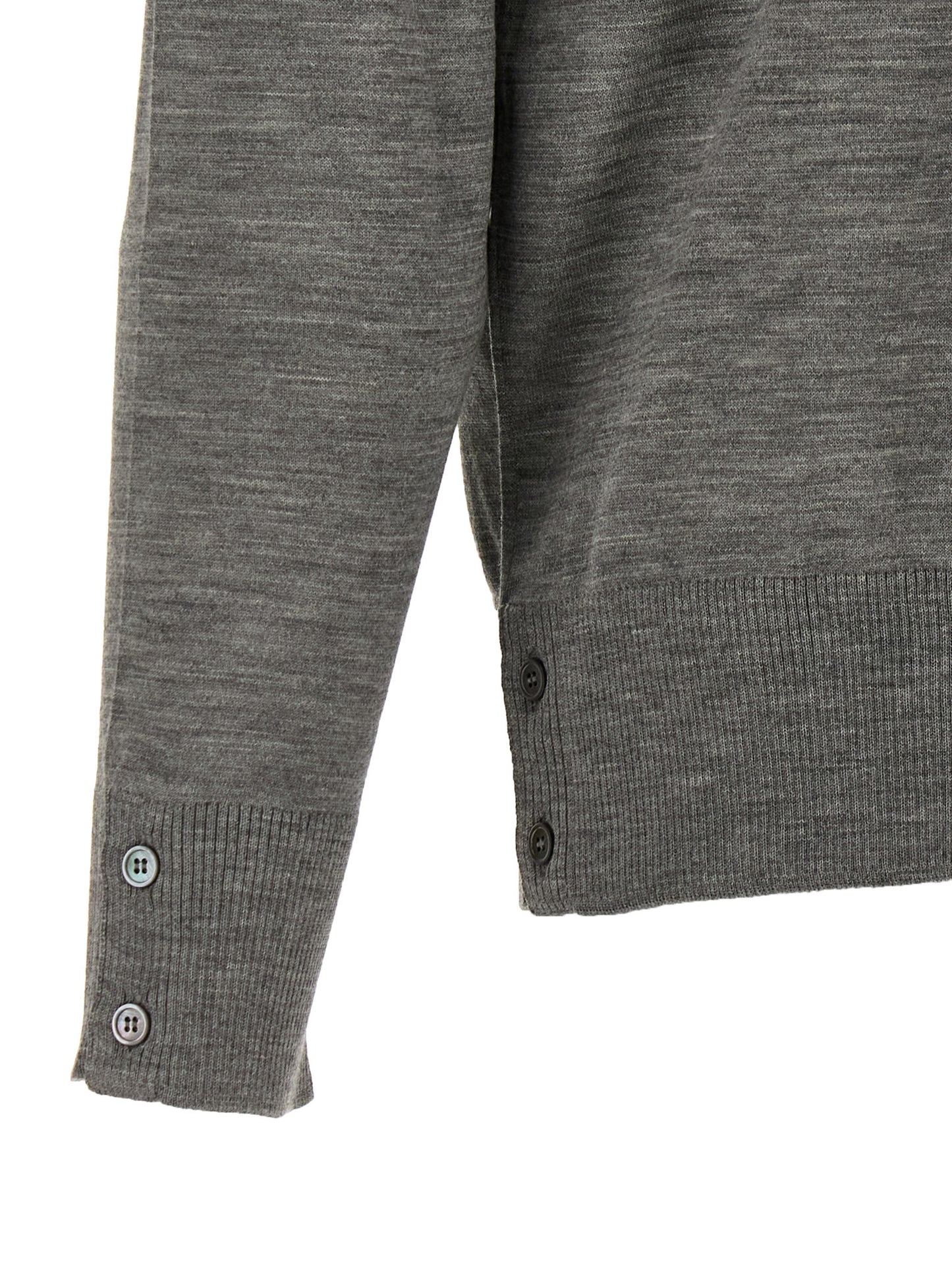 Cardigan by Thom Browne for men in virgin wool gray features a dramatic silhouette, showcasing a sophisticated and dramatic detail for a timeless, premium look.
