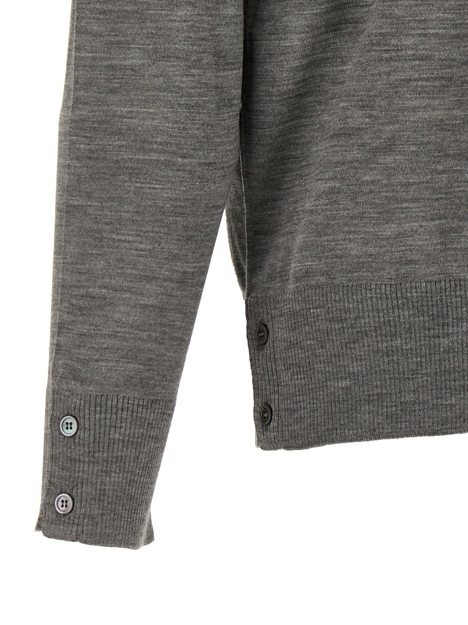 Cardigan by Thom Browne for men in virgin wool gray features a dramatic silhouette, showcasing a sophisticated and dramatic detail for a timeless, premium look.