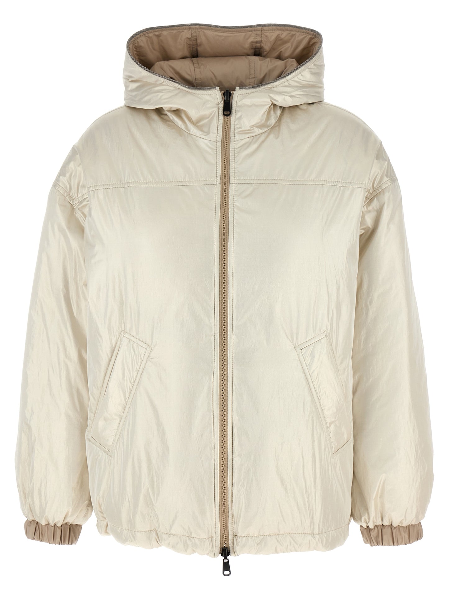Hooded Puffer Jacket by Brunello Cucinelli for women in polyester & nylon beige features an on trend silhouette, showcasing refined hooded & insulated and a sophisticated hooded neckline for a truly on trend finish.