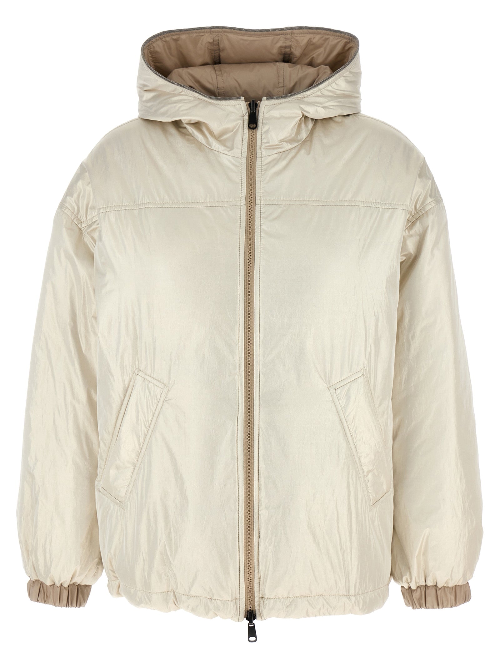 Hooded Puffer Jacket by Brunello Cucinelli for women in polyester & nylon beige features an on trend silhouette, showcasing refined hooded & insulated and a sophisticated hooded neckline for a truly on trend finish.