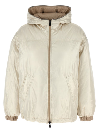 Hooded Puffer Jacket by Brunello Cucinelli for women in polyester & nylon beige features an on trend silhouette, showcasing refined hooded & insulated and a sophisticated hooded neckline for a truly on trend finish.