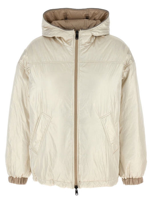 Hooded Puffer Jacket by Brunello Cucinelli for women in polyester & nylon beige features an on trend silhouette, showcasing refined hooded & insulated and a sophisticated hooded neckline for a truly on trend finish.