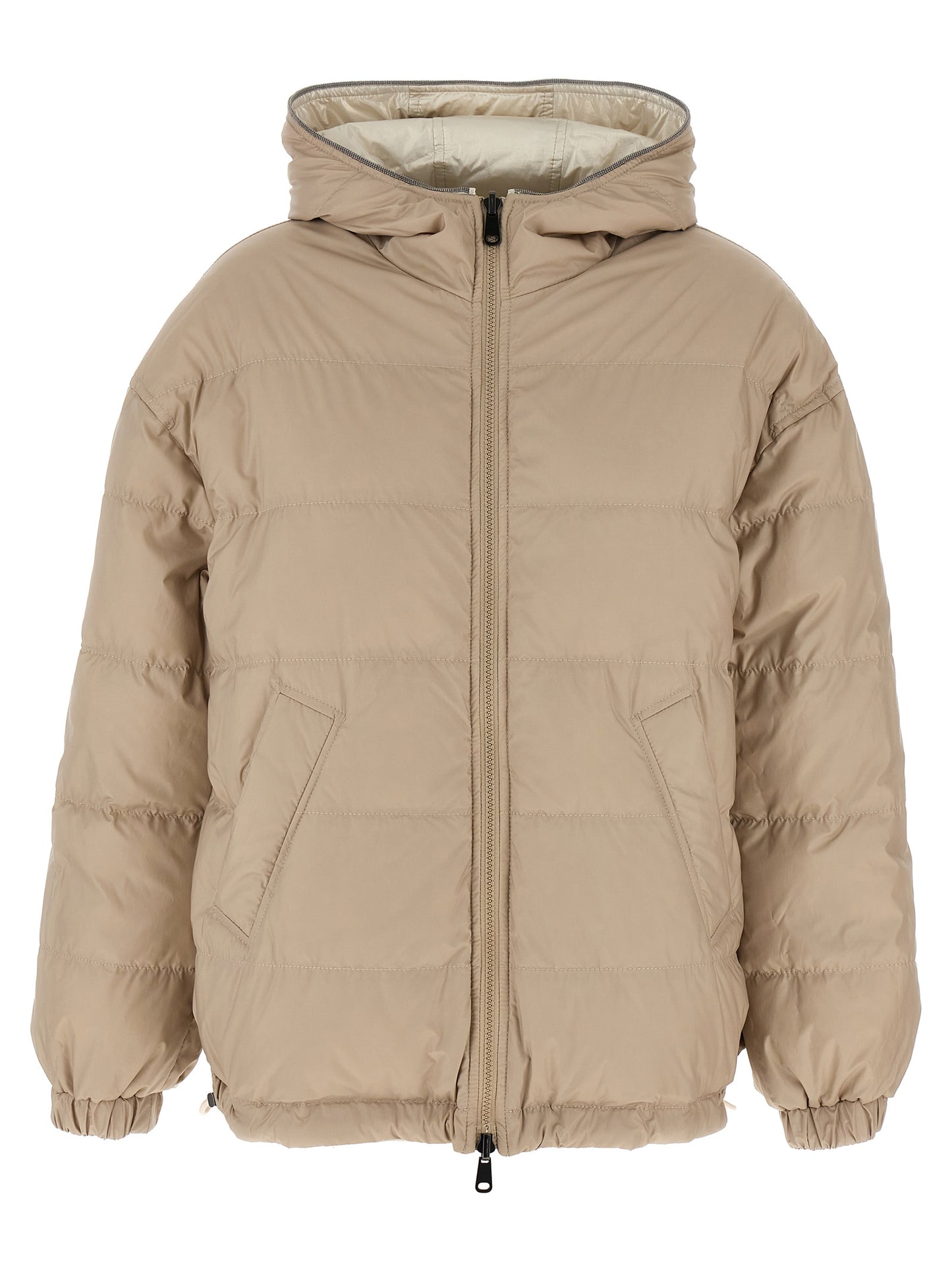 Hooded Puffer Jacket by Brunello Cucinelli for women in polyester & nylon beige features a city-ready silhouette, detailed with hooded & insulated and a city-ready hooded neckline.