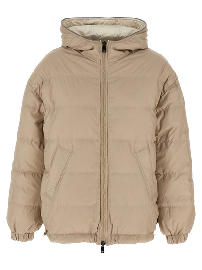 Hooded Puffer Jacket by Brunello Cucinelli for women in polyester & nylon beige features a city-ready silhouette, detailed with hooded & insulated and a city-ready hooded neckline.