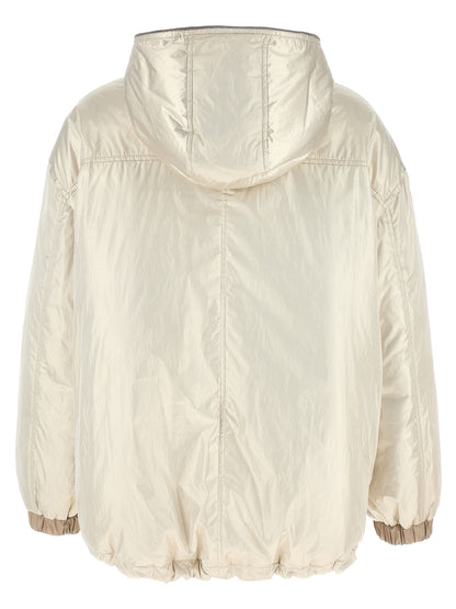 Hooded Puffer Jacket by Brunello Cucinelli for women in polyester & nylon beige features an on trend silhouette, showcasing refined hooded & insulated and a sophisticated hooded neckline for a truly on trend finish.