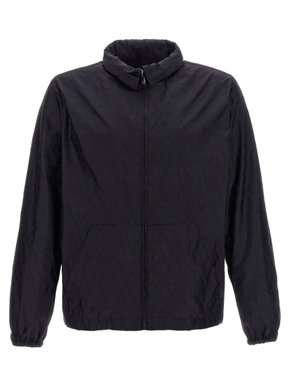 Hooded Windbreaker Jacket by Valentino Garavani for men in nylon blue & toile presents a resilient silhouette, artfully detailed with a sophisticated hooded neckline and functional pockets, hooded & windproof for a resilient finish.