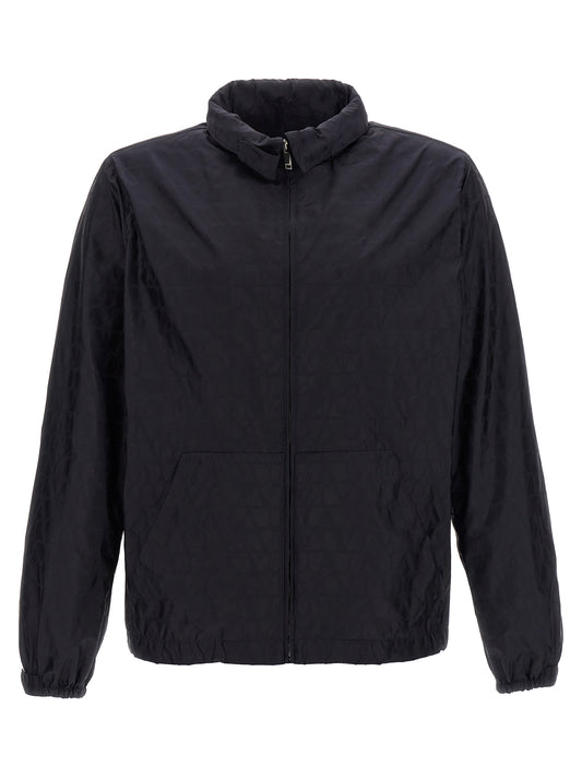 Hooded Windbreaker Jacket by Valentino Garavani for men in nylon blue & toile presents a resilient silhouette, artfully detailed with a sophisticated hooded neckline and functional pockets, hooded & windproof for a resilient finish.