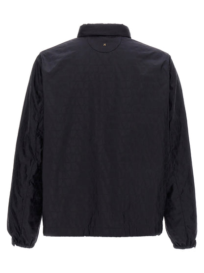 Hooded Windbreaker Jacket by Valentino Garavani for men in nylon blue & toile showcases a urban chic silhouette, detailed with a urban chic hooded neckline and functional pockets, hooded & windproof for a polished finish.
