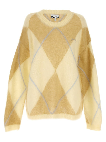Cardigan by Ganni for women in mohair wool & polyamide bicolour & yellow features an crisp silhouette, showcasing a sophisticated crew neckline and detail for a truly crisp finish.