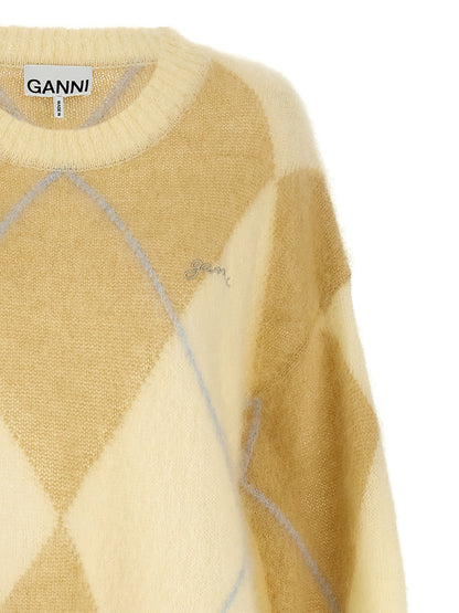 Cardigan by Ganni for women in mohair wool & polyamide bicolour & yellow features an crisp silhouette, showcasing a sophisticated crew neckline and detail for a truly crisp finish.