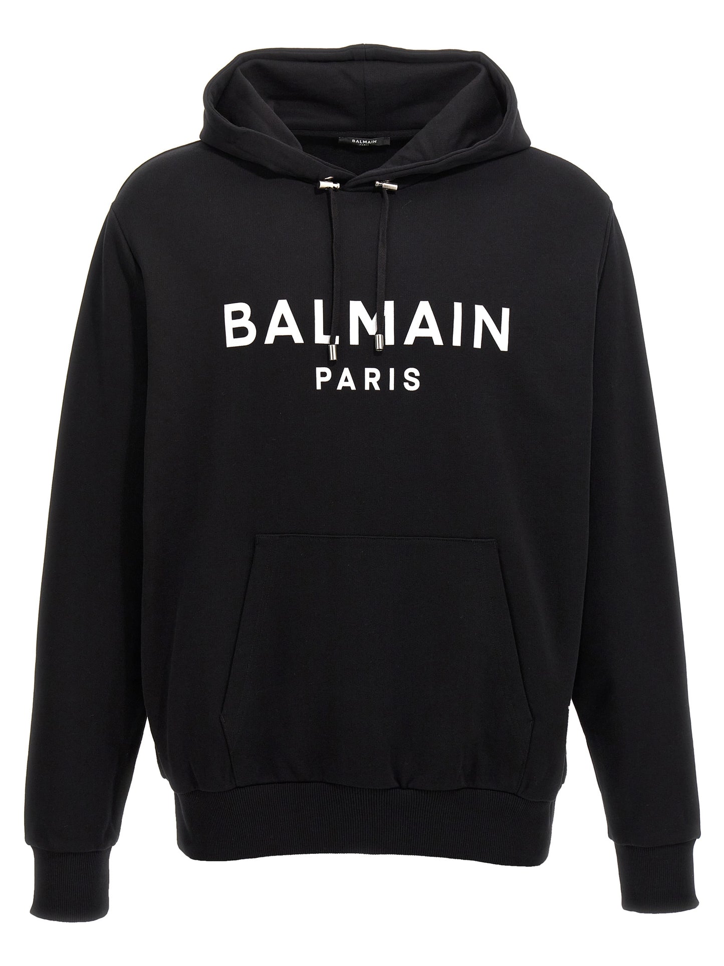 Sweatshirt Hoodie by Balmain for men in organic cotton bicolour, black, white & print features a authentic silhouette, showcasing a sophisticated hooded neckline and authentic detail for a refined finish.