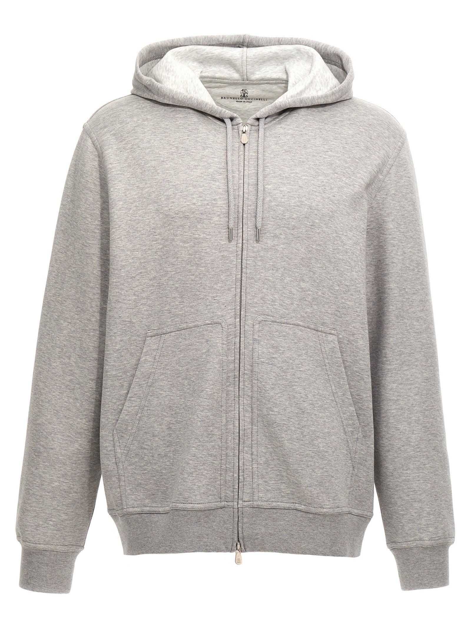 Sweatshirt Hoodie by Brunello Cucinelli for men in silk polyamide cotton & cashmere gray showcases a city-ready silhouette, artfully detailed with a signature hooded neckline and for a city-ready finish.