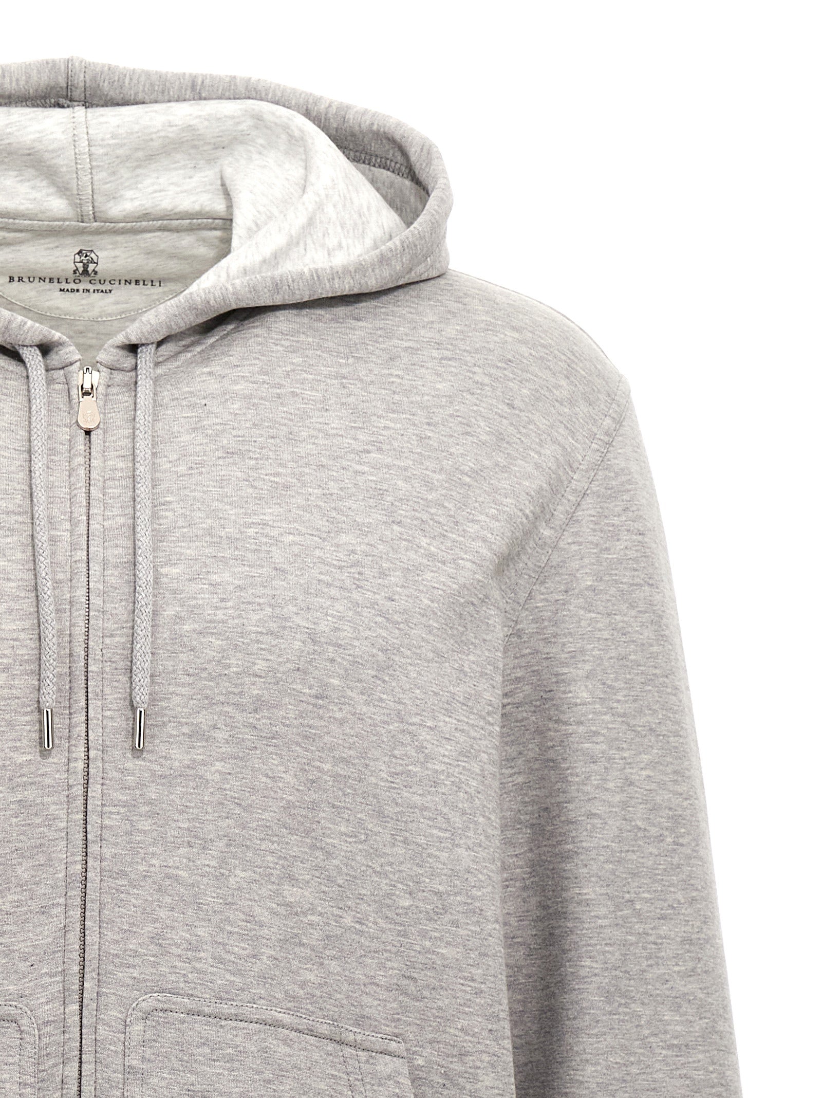 Sweatshirt Hoodie by Brunello Cucinelli for men in silk polyamide cotton & cashmere gray features an dramatic silhouette, showcasing a sophisticated hooded neckline and dramatic for a refined, modern aesthetic.