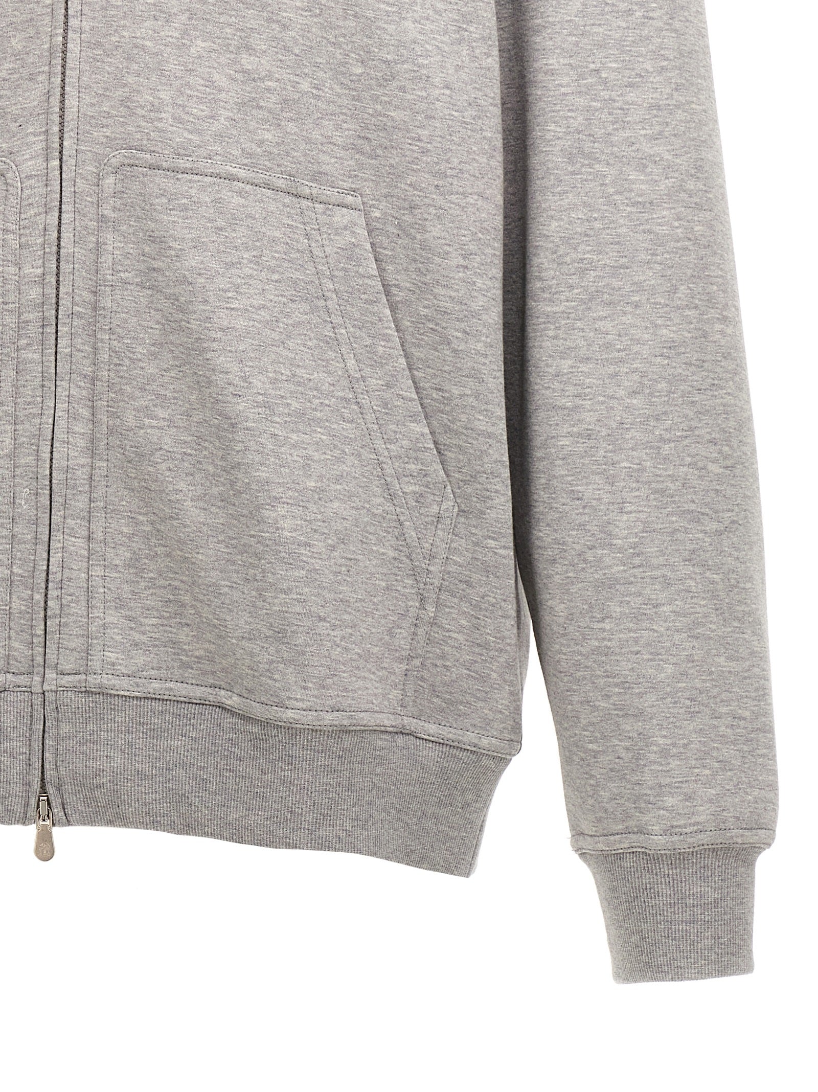 Sweatshirt Hoodie by Brunello Cucinelli for men in silk polyamide cotton & cashmere gray features a slouchy chic silhouette, detailed with a slouchy chic and a signature hooded neckline for an elevated aesthetic.