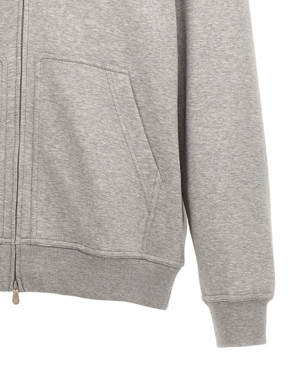 Sweatshirt Hoodie by Brunello Cucinelli for men in silk polyamide cotton & cashmere gray features a slouchy chic silhouette, detailed with a slouchy chic and a signature hooded neckline for an elevated aesthetic.